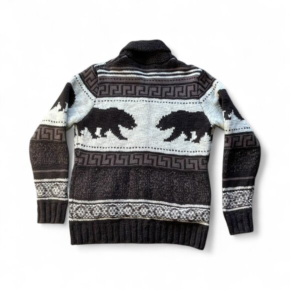 Lucky Brand Zip-Front Shawl Collar Bear Cardigan Aztec Print Sz Medium - Picture 2 of 9